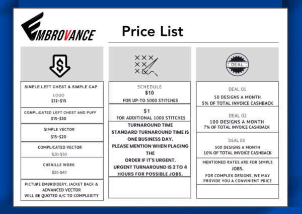 A detailed pricing list for custom embroidered patches, showcasing different sizes, quantities, and costs.